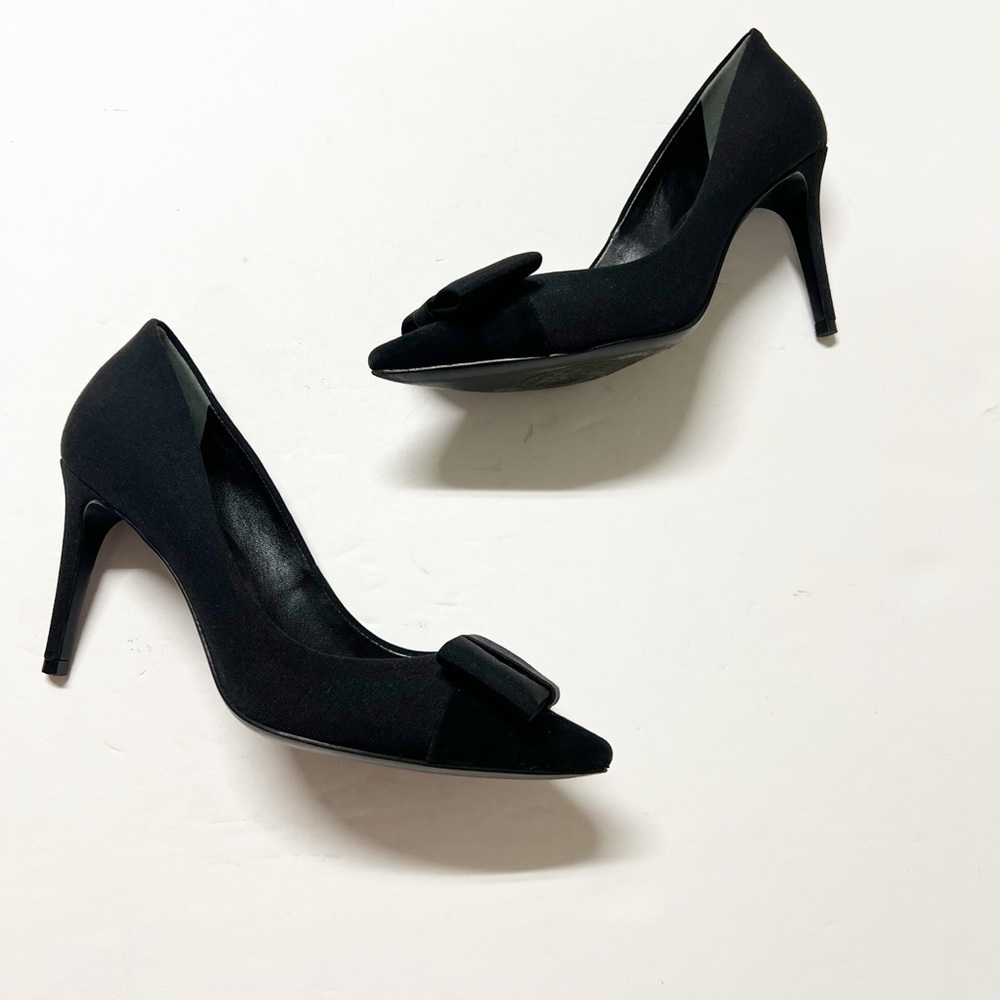 Tory Burch Aria Black Grosgrain Bow Suede Leather Pointed Toe Stiletto Heel 7M - Picture 2 of 13